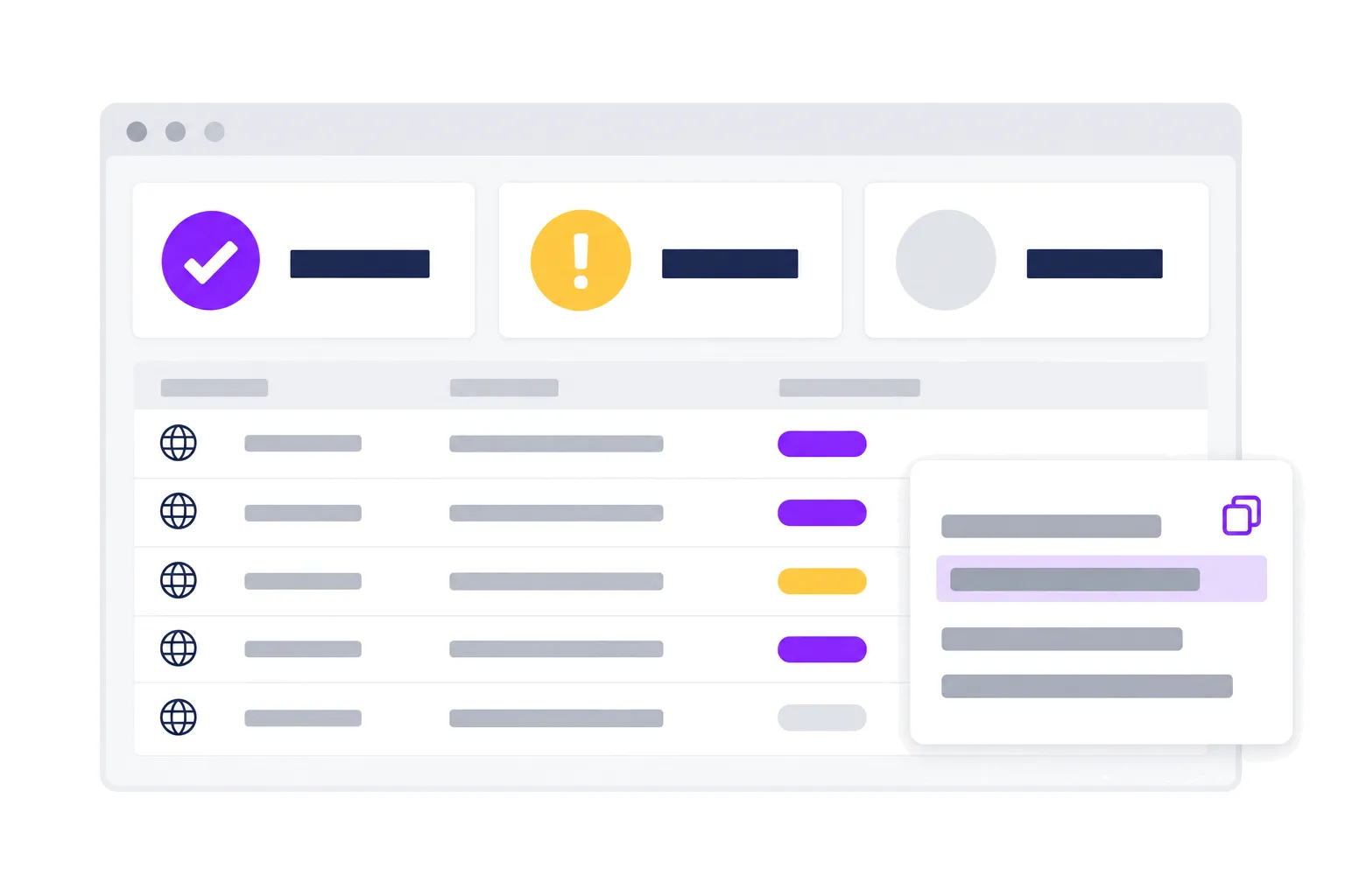 A stylized ads.txt health dashboard with summary cards, a domains table and a missing-lines panel