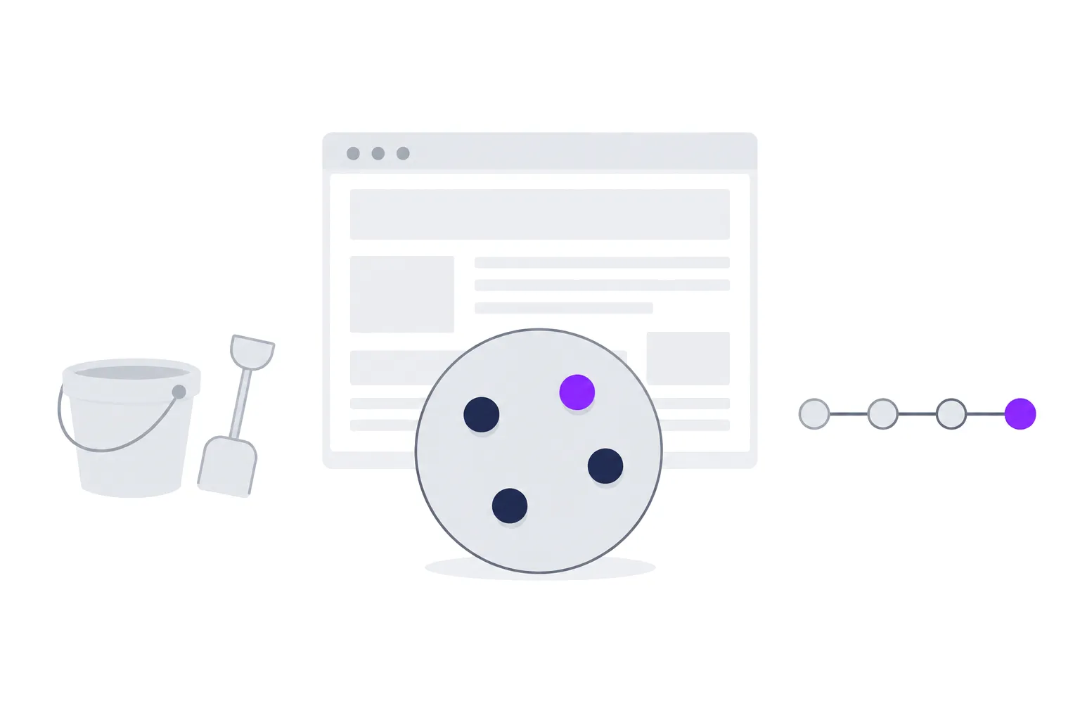 Illustration of an intact cookie in front of a browser window, with a faded sandbox bucket set aside