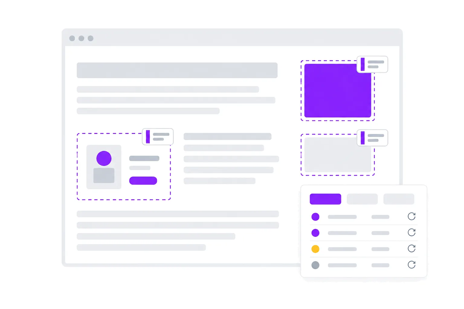A news page with debug badges on each ad slot and a floating control panel