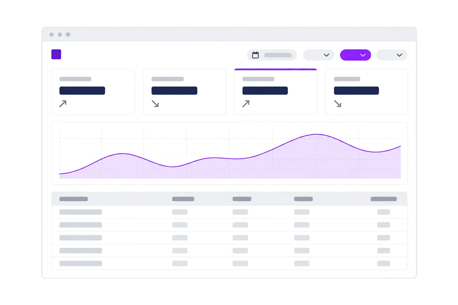 A stylized revenue dashboard with filters, metric cards, an area chart and a table